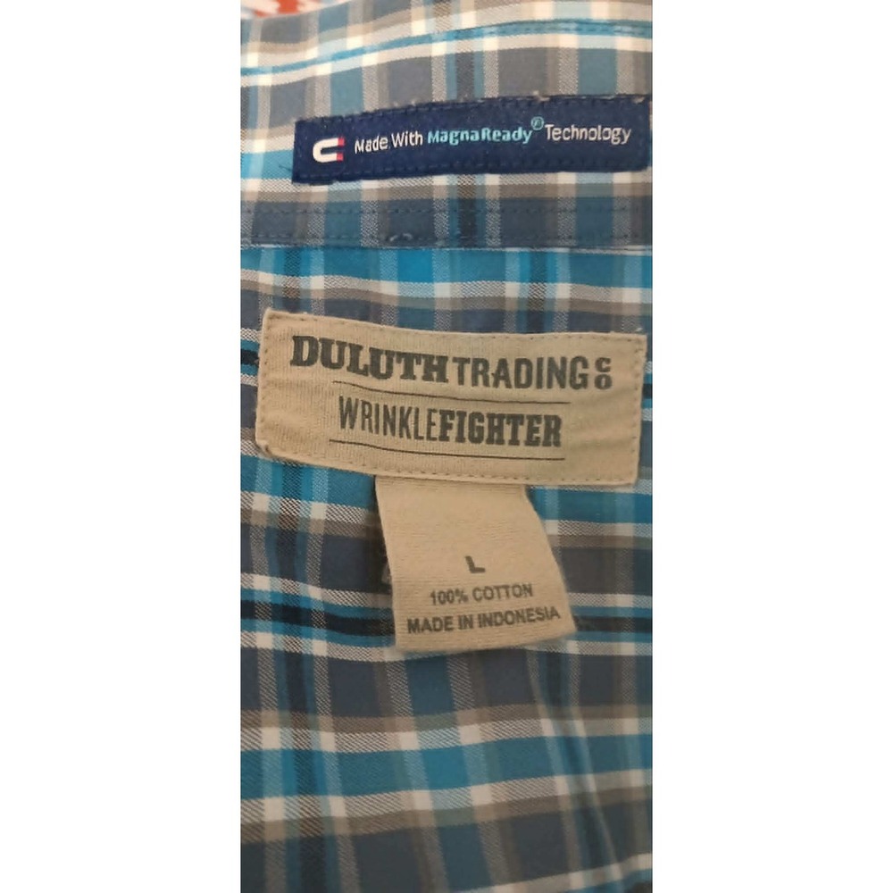 Duluth Trading Co Wrinklefighter MagnaReady Plaid Magnetic Shirt Mens L Blue - Picture 3 of 6
